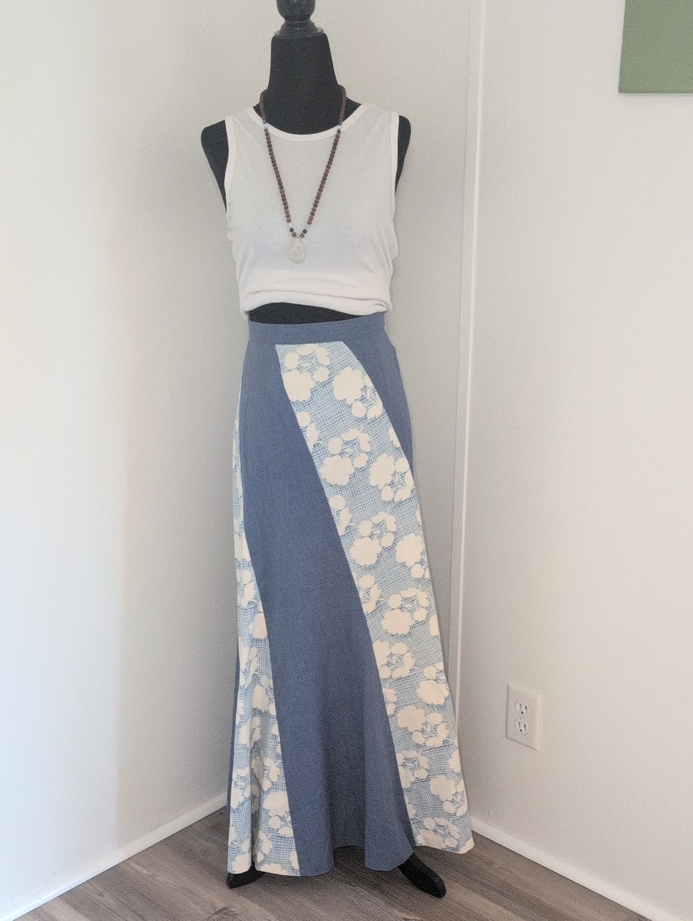 Incredible Vintage 1970s Handmade Maxi Blue Floral Panel Skirt! Festival Vibes
